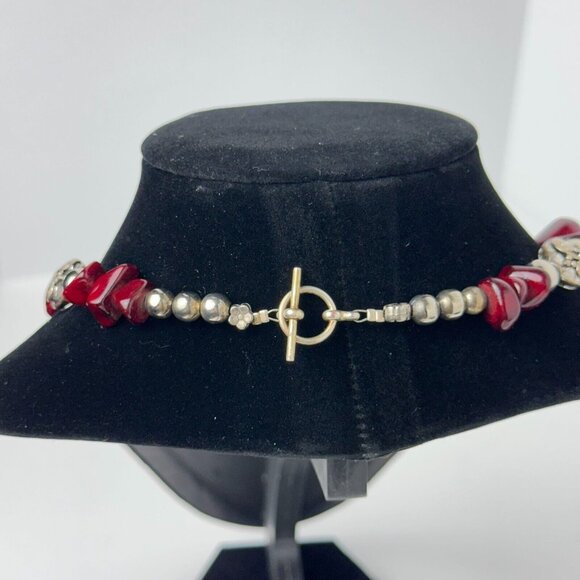 I Silver Red Garnet Beaded Necklace 7.5" Toggle Clasp Fashion Jewelry - Picture 8 of 16